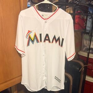 Majestic White Miami Giancarlo Stanton Button-Up Jersey